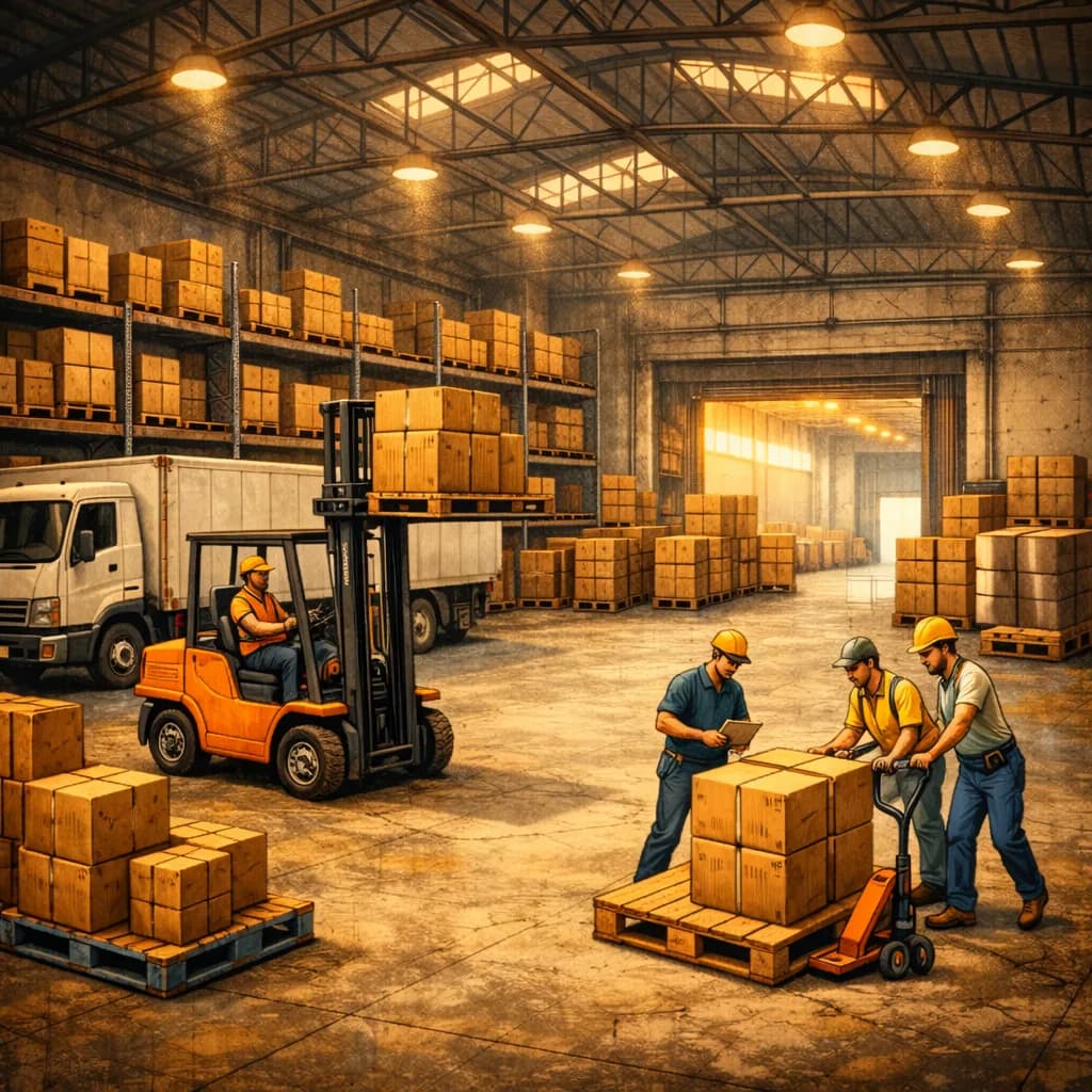 Warehouse workers sorting cargo
