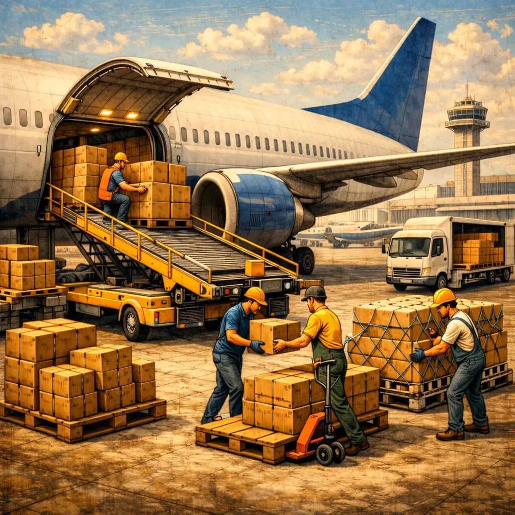 Cargo workers loading airplane