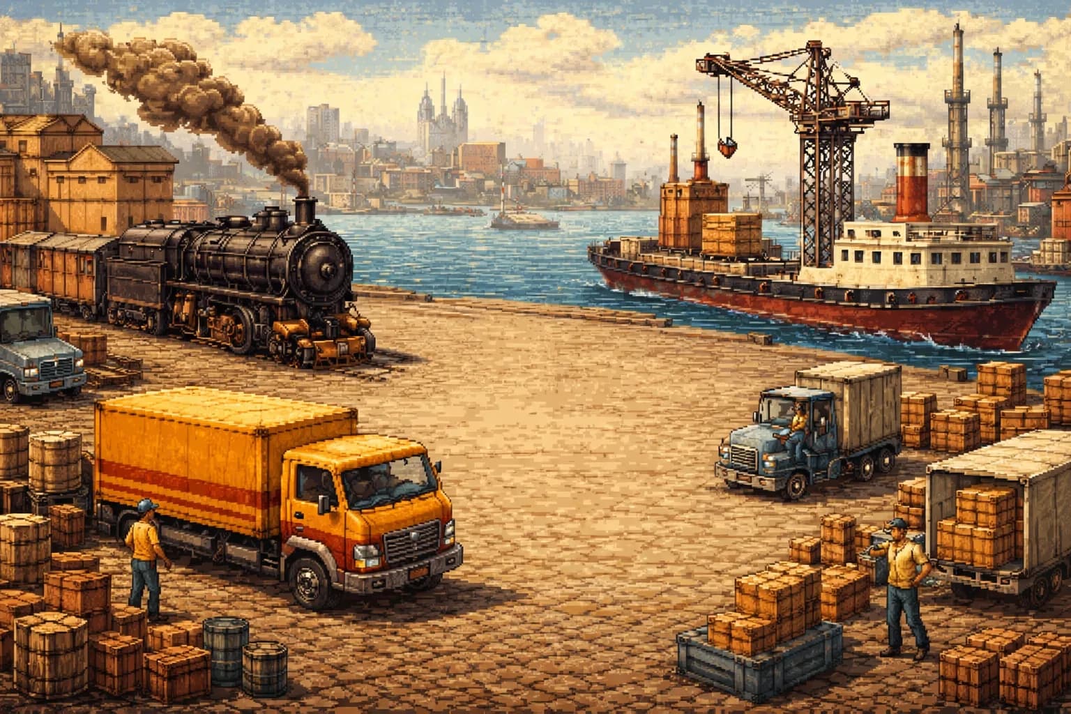 Pixel-art logistics and customs scene
